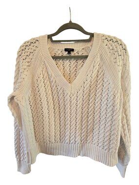 Cotton open stitch white  vneck sweater Talbots large petite classic preppy